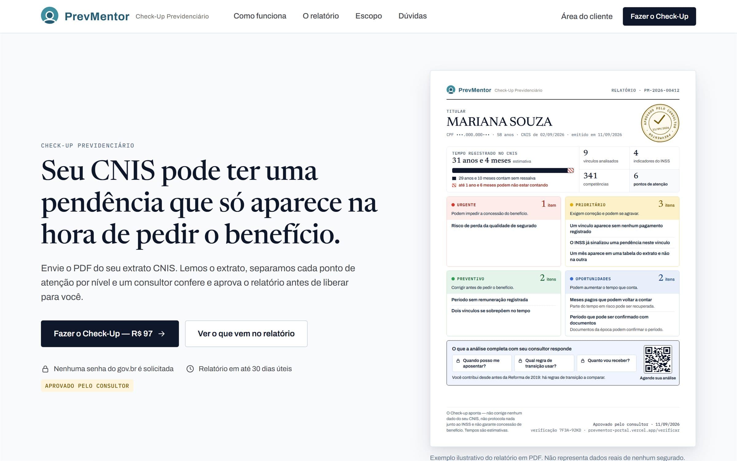 Landing page do PrevMentor Check-Up Previdenciário